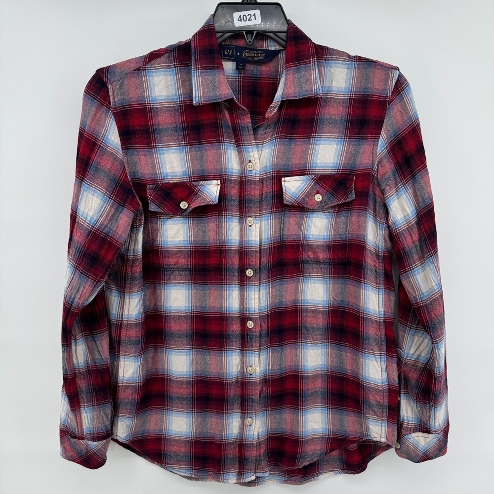 Gap Pendleton Boyfriend Flannel Shirt Womens Small Double Pocket Red Plaid Rayon